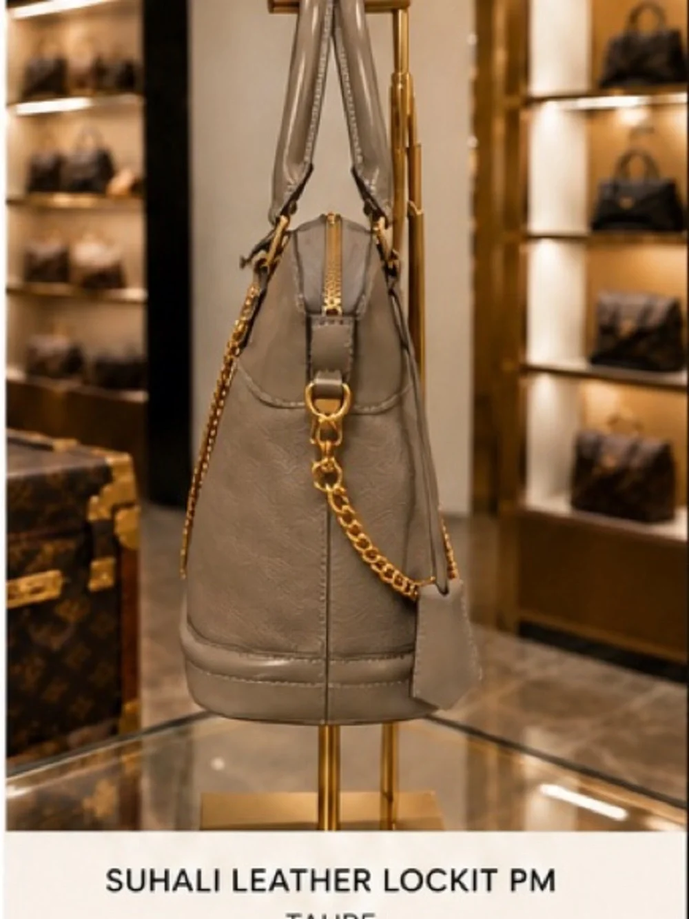 Louis Vuitton Suhali Leather Lockit PM Handbag in Taupe with Gold Chain
